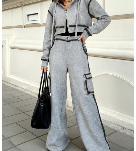 Gray Cropped Hooded Zipper Contrast Black Stripe Top + Utility Wide-Leg Pants Women's Set | Edgy Utility Niche Design, Ideal for Trendy Streetwear, Casual Gatherings & Daily Styling Looks