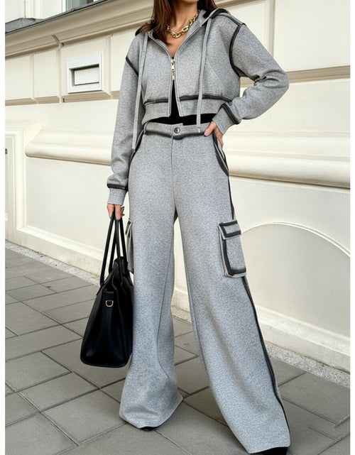 Load image into Gallery viewer, Gray Cropped Hooded Zipper Contrast Black Stripe Top + Utility Wide-Leg Pants Women's Set | Edgy Utility Niche Design, Ideal for Trendy Streetwear, Casual Gatherings &amp; Daily Styling Looks
