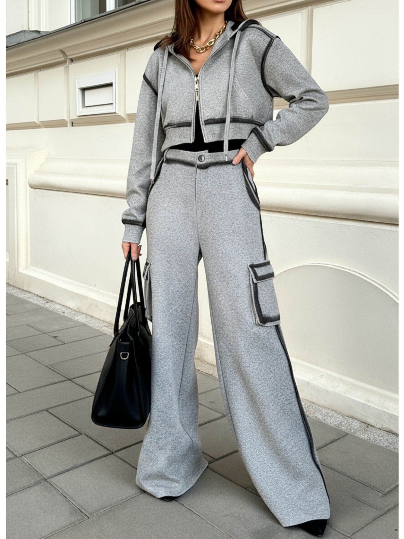 Gray Cropped Hooded Zipper Contrast Black Stripe Top + Utility Wide-Leg Pants Women's Set | Edgy Utility Niche Design, Ideal for Trendy Streetwear, Casual Gatherings & Daily Styling Looks