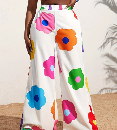 Elegant Floral Print Wide-Leg Pants for Women - High Waist, Non-Stretch, Machine Washable, Comfortable Polyester