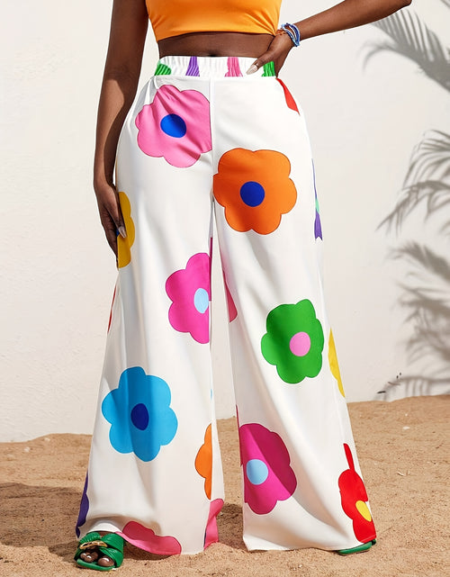 Load image into Gallery viewer, Elegant Floral Print Wide-Leg Pants for Women - High Waist, Non-Stretch, Machine Washable, Comfortable Polyester
