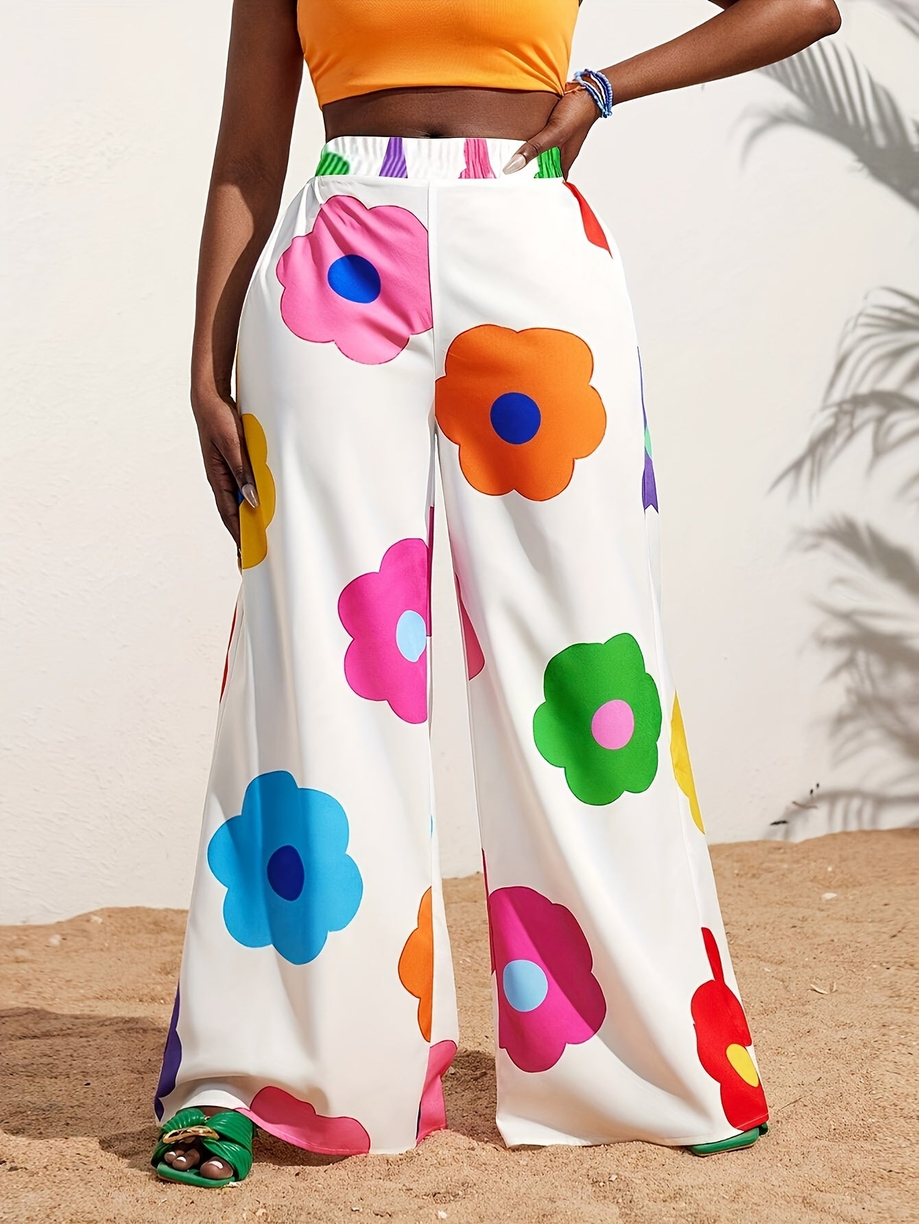 Elegant Floral Print Wide-Leg Pants for Women - High Waist, Non-Stretch, Machine Washable, Comfortable Polyester