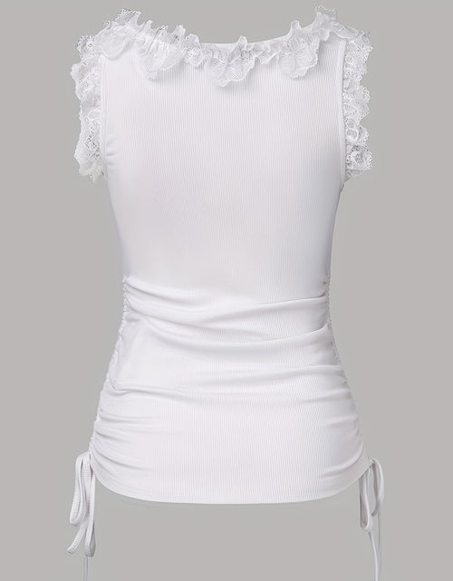 Load image into Gallery viewer, Women Solid Color Polyester Tank Top, Crew Neck With Contrast Lace Detail, Side Drawstring, Knit Fabric, Spring/Summer Fashion
