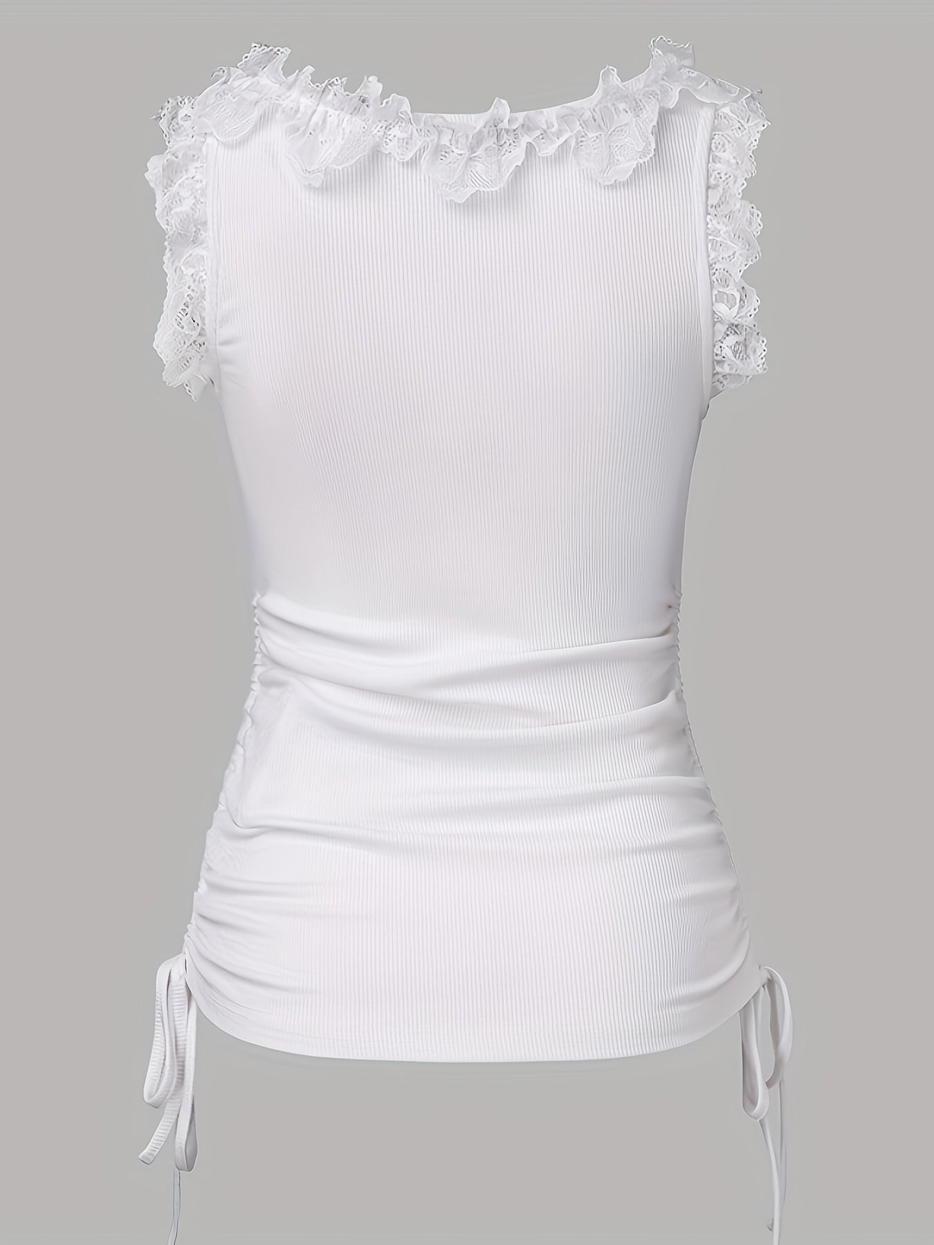 Women Solid Color Polyester Tank Top, Crew Neck With Contrast Lace Detail, Side Drawstring, Knit Fabric, Spring/Summer Fashion