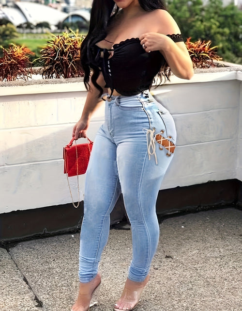 Load image into Gallery viewer, Women Plus Size Mid-waist Sexy Skinny Jeans With Sexy Cross Straps High Elasticity, Comfortable And Soft Denim Fabric
