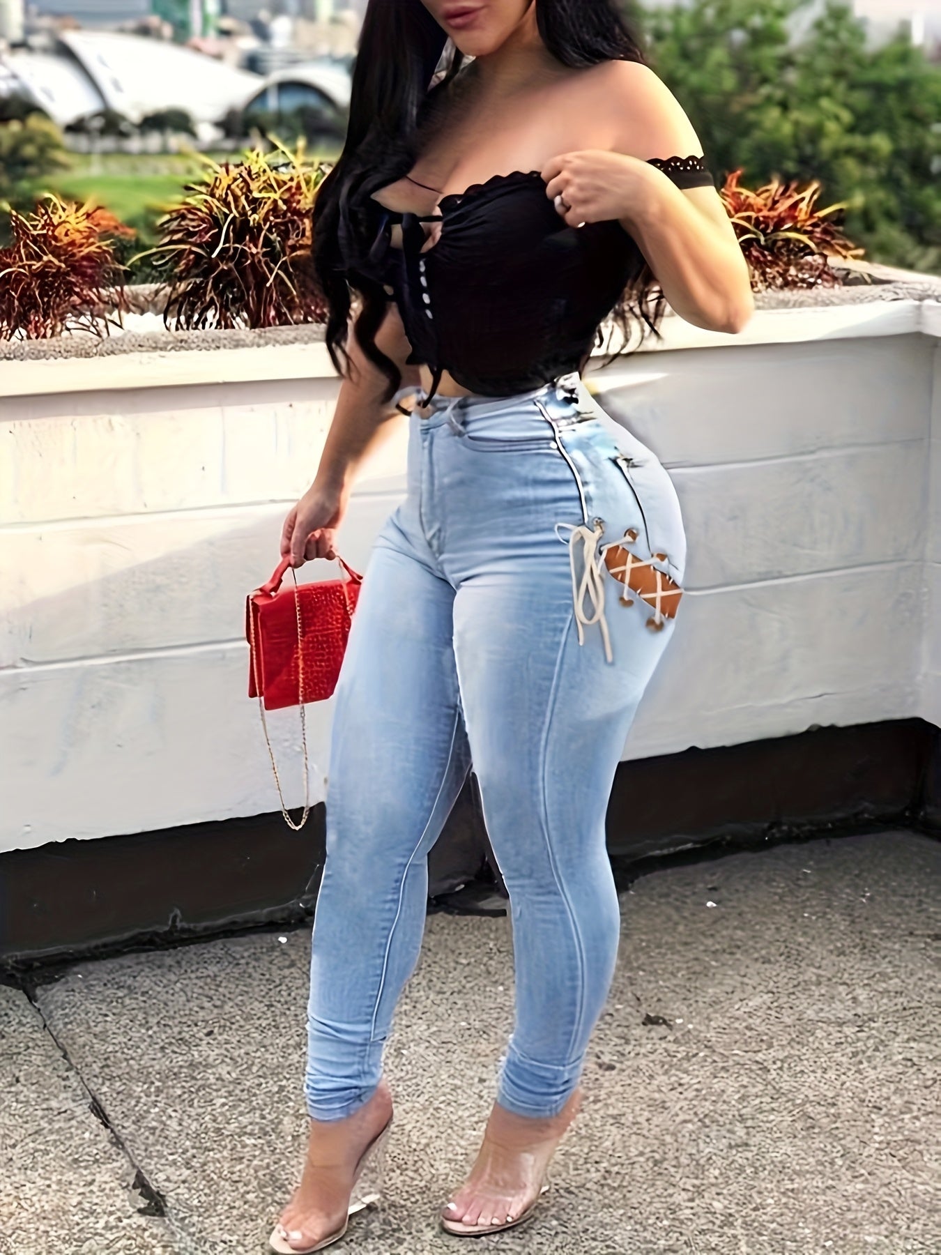 Women Plus Size Mid-waist Sexy Skinny Jeans With Sexy Cross Straps High Elasticity, Comfortable And Soft Denim Fabric