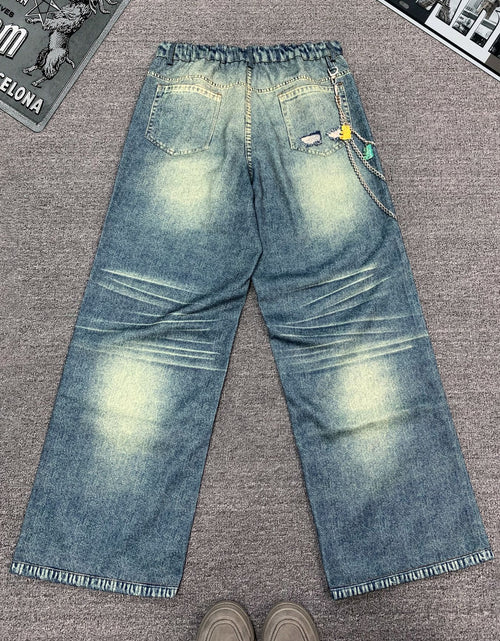 Load image into Gallery viewer, Men&#39;s Streetwear Wide-Leg Floor-Length Oversized Jeans - High-Waisted Elastic Waist Trousers with Letter Print (Stop/Go/Up//Yes/No) &amp; Pocket Design -
