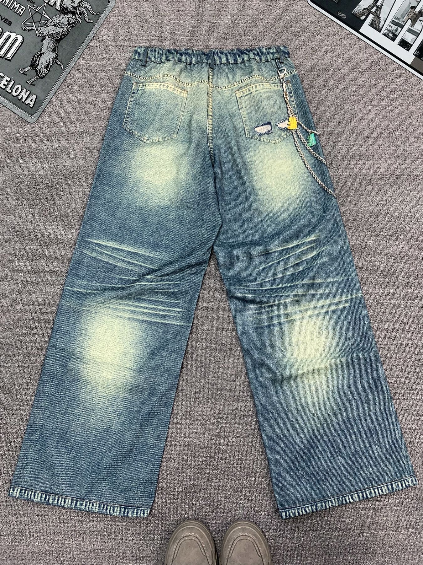 Men's Streetwear Wide-Leg Floor-Length Oversized Jeans - High-Waisted Elastic Waist Trousers with Letter Print (Stop/Go/Up//Yes/No) & Pocket Design -