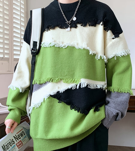 Men Streetwear Color Block Knit Sweater - Slim Fit High Elasticity Long Sleeve Round Neck Pullover with Tassel Details, Autumn Winter Fashion Trendy Casual Top, Seasonal Clothing, Bold Pattern, Soft Texture