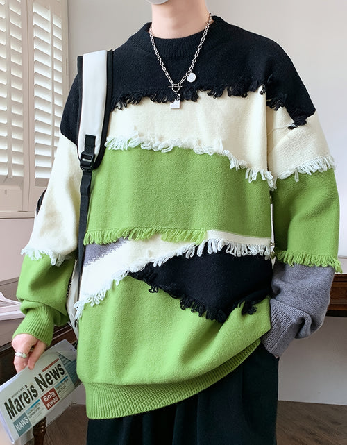 Load image into Gallery viewer, Men Streetwear Color Block Knit Sweater - Slim Fit High Elasticity Long Sleeve Round Neck Pullover with Tassel Details, Autumn Winter Fashion Trendy Casual Top, Seasonal Clothing, Bold Pattern, Soft Texture
