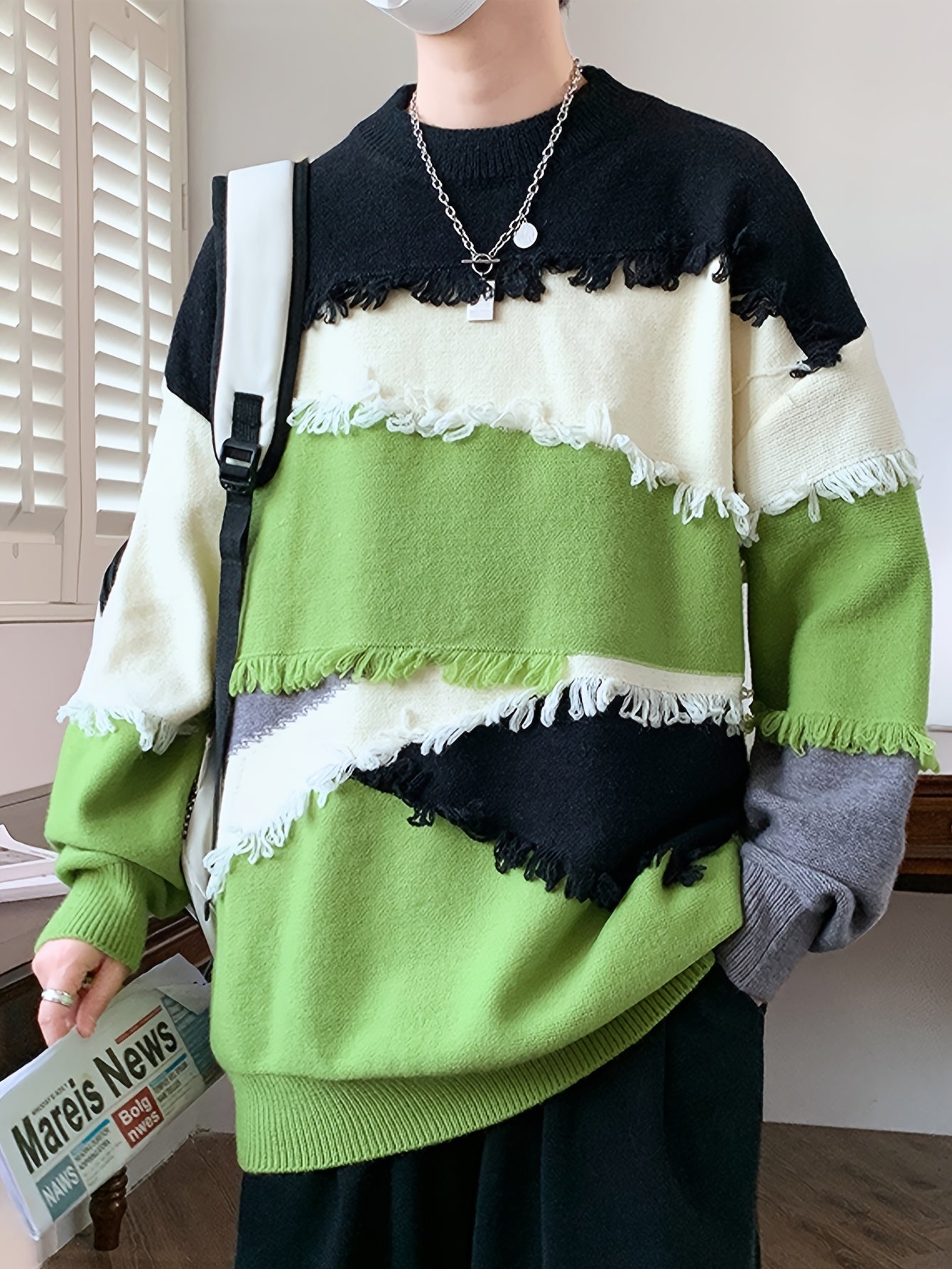 Men Streetwear Color Block Knit Sweater - Slim Fit High Elasticity Long Sleeve Round Neck Pullover with Tassel Details, Autumn Winter Fashion Trendy Casual Top, Seasonal Clothing, Bold Pattern, Soft Texture