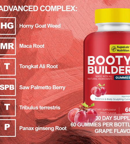 Booty Gummies - for Bigger, Rounder, Volumized, Natural Botanical Blend with Horny Goat Weed, Maca, Tongkat Ali, Grape Flavored (60 Count)
