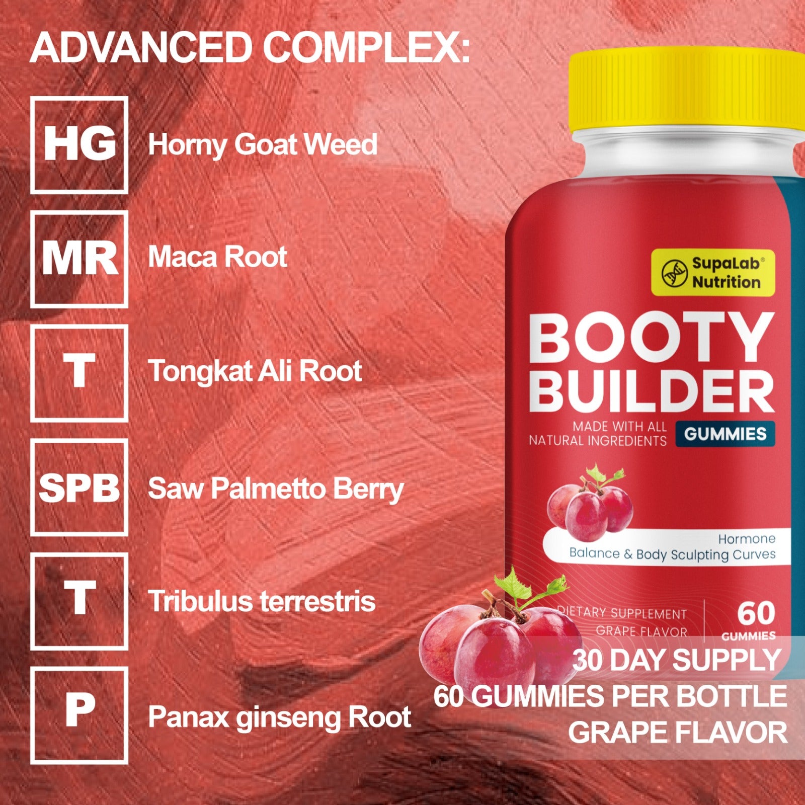 Booty Gummies - for Bigger, Rounder, Volumized, Natural Botanical Blend with Horny Goat Weed, Maca, Tongkat Ali, Grape Flavored (60 Count)