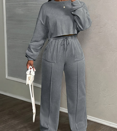 Solid-color Women's Fashionable Autumn and Winter Wear - A Simple Round-neck Long-sleeved Top And Trousers With Pocket And Waist Tie Design