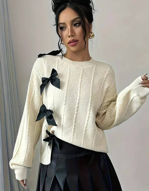 Load image into Gallery viewer, Women High-end Elegant Gentle Style Round Neck Bow Versatile Pullover Sweater
