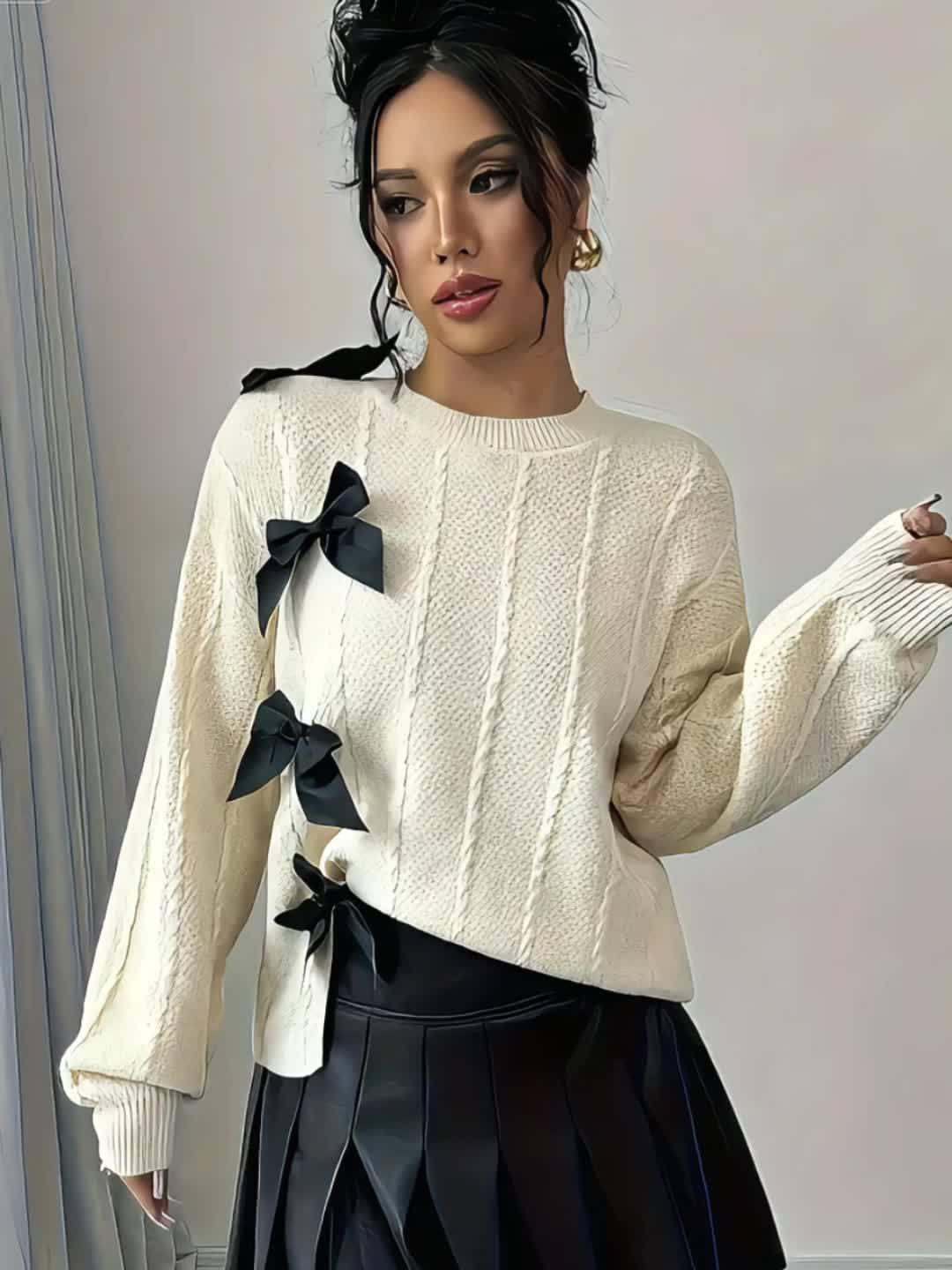 Women High-end Elegant Gentle Style Round Neck Bow Versatile Pullover Sweater