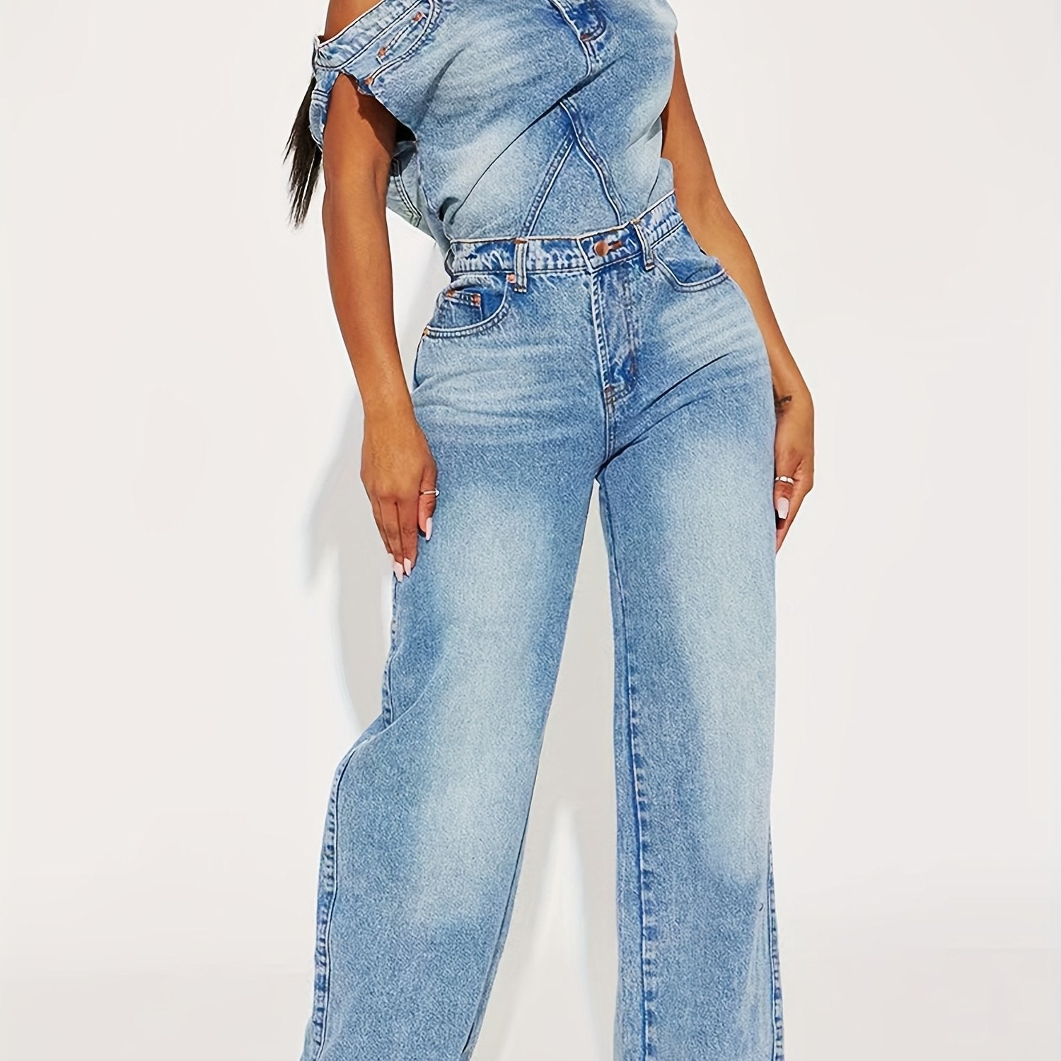 Women's Denim Jumpsuit - Y2K Inspired, Distressed Blue, Wide Leg, Asymmetrical Hem, Vintage 90s Style