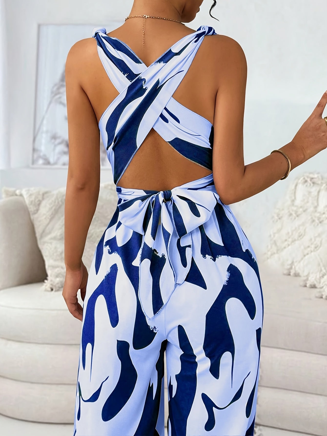 [Color Block] Women's Jumpsuit | Sleeveless | V-neck | Color Block Patchwork Print | Women's Wear