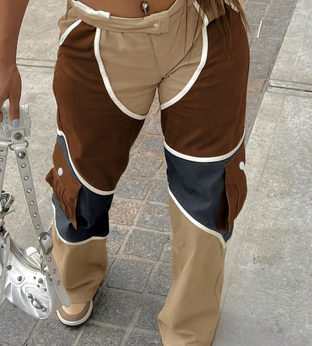 Ladies Fashion Long Overalls Zipper Closure Polyester Cargo Pants Sexy Patchwork Print All-Season Wear Hand Wash Recommended