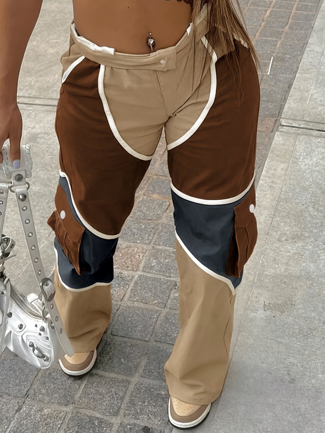 Ladies Fashion Long Overalls Zipper Closure Polyester Cargo Pants Sexy Patchwork Print All-Season Wear Hand Wash Recommended