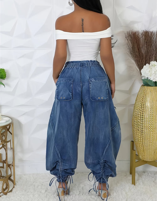 Load image into Gallery viewer, Women Baggy Denim Harem Pants - Elastic Drawstring Waist Wide Leg Jeans With Bow Tie &amp; Pockets  (Vintage Distressed Wash)
