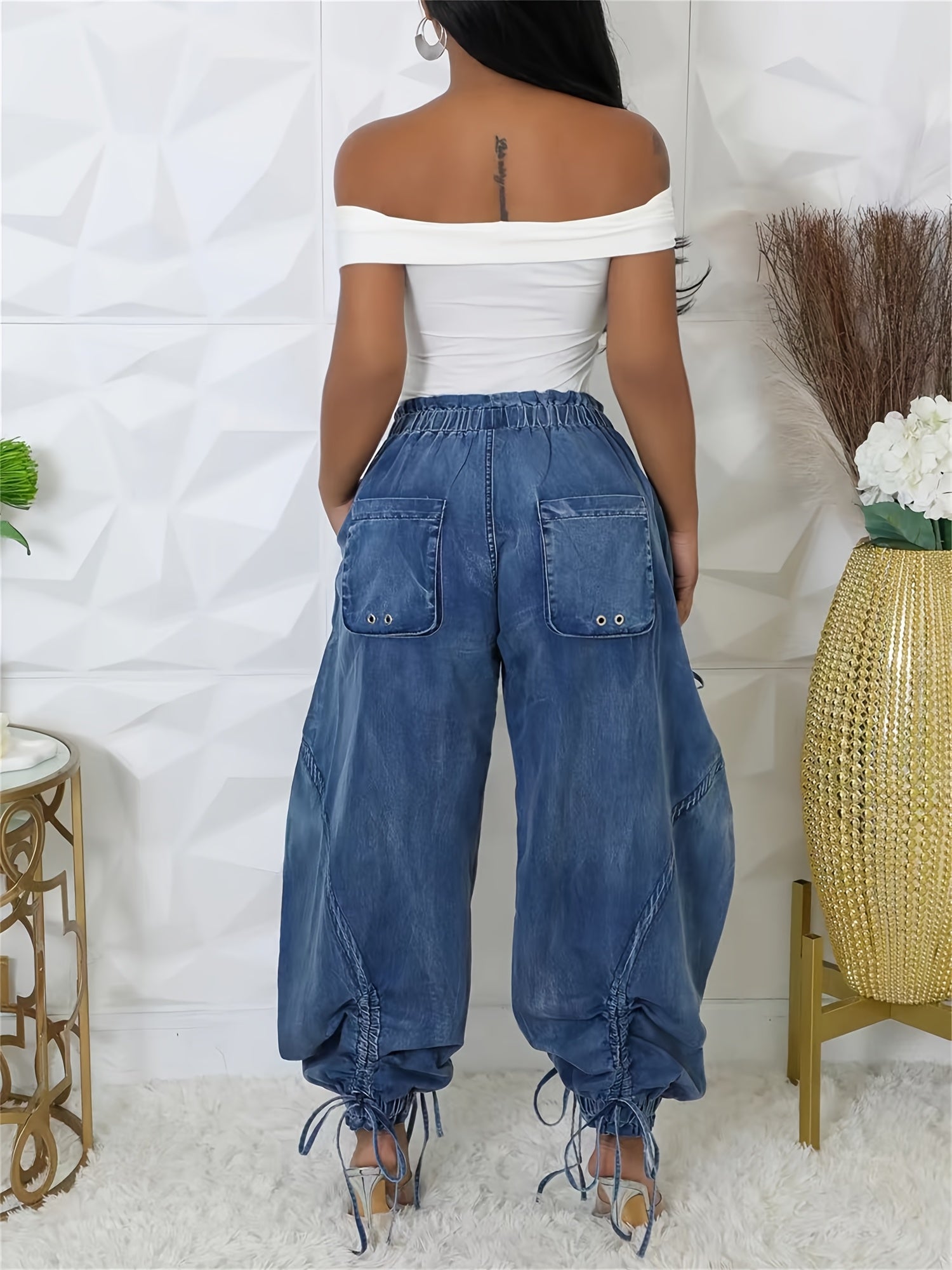 Women Baggy Denim Harem Pants - Elastic Drawstring Waist Wide Leg Jeans With Bow Tie & Pockets  (Vintage Distressed Wash)