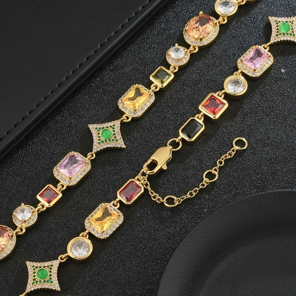 [18K Golden Chain Necklace]  18K Golden Plated Copper Chain Necklace | Glamorous, Hip Hop Style, 45cm + 5cm Extendable | Synthetic Colorful Faux Gemstones, 4-Prong Setting, with Synthetic Zirconia