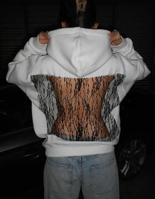 Load image into Gallery viewer, Women's Solid Color Open Back Mesh Hooded Sweatshirt - Long Fall Nightclub Sweater with, Semi-Sheer Elegant Sweaters for Parties &amp; Casual Wear, Dress Length (Hand Wash Care)
