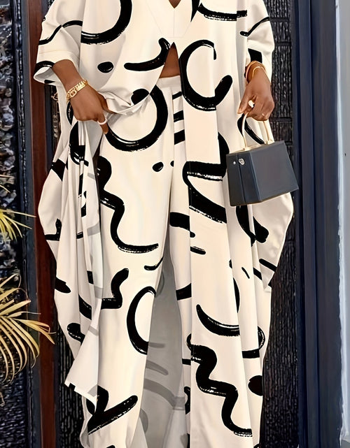 Load image into Gallery viewer, Printed Women Pant Set with V-Neck Loose Seven-Sleeve Long Shirt and Drawstring Pants
