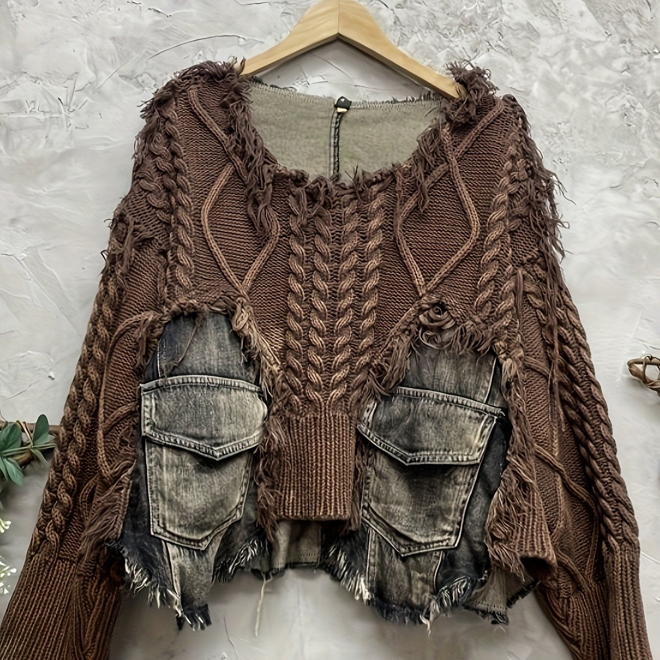 Trendy Braided Patchwork Denim Crewneck Long-Sleeve Cropped Sweater for Women, Fall/ Winter 2025