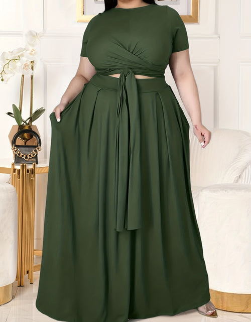 Load image into Gallery viewer, Plus Size Women&#39;s Solid Color Cross Tie Maxi Skirt Set, Casual Polyester Knit Dress with Short Sleeves, Round Neck, Pullover, Elastic Fabric, Fashionable Two-Piece Outfit
