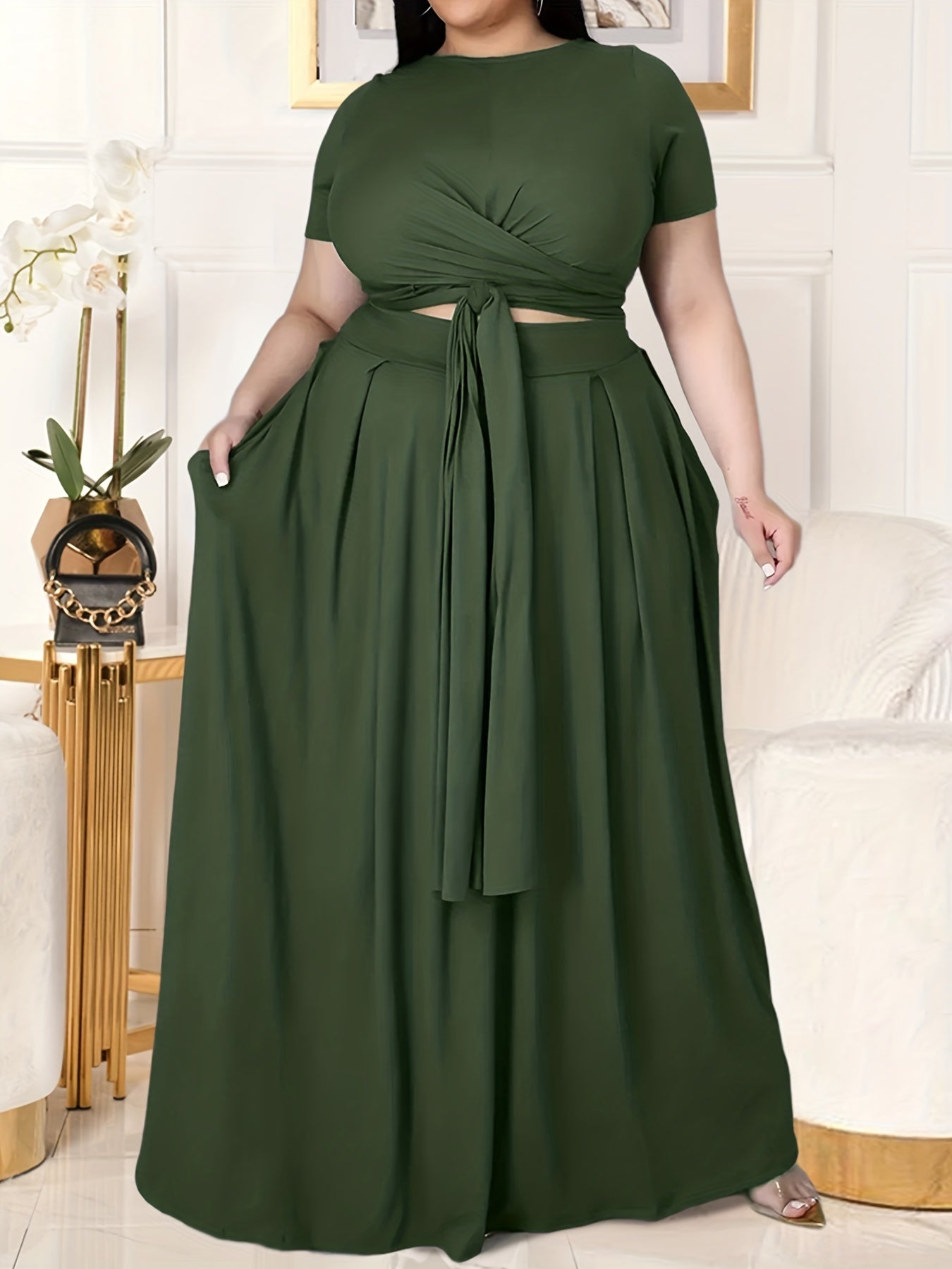 Plus Size Women's Solid Color Cross Tie Maxi Skirt Set, Casual Polyester Knit Dress with Short Sleeves, Round Neck, Pullover, Elastic Fabric, Fashionable Two-Piece Outfit