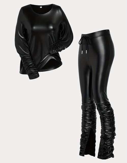 Load image into Gallery viewer, Women&#39;s Shiny Leather-Like Jumpsuit - Black Long Sleeve with Scrunched Pants &amp; Drawstring Waist | Edgy Bodycon Style for Night Clubs, Fashion Events &amp; Streetwear (Stretchy Fabric Slim-Fitting) for Fall &amp; Winter
