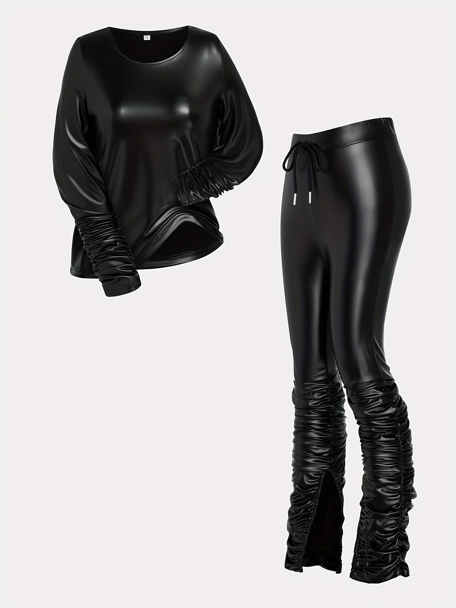 Women's Shiny Leather-Like Jumpsuit - Black Long Sleeve with Scrunched Pants & Drawstring Waist | Edgy Bodycon Style for Night Clubs, Fashion Events & Streetwear (Stretchy Fabric Slim-Fitting) for Fall & Winter