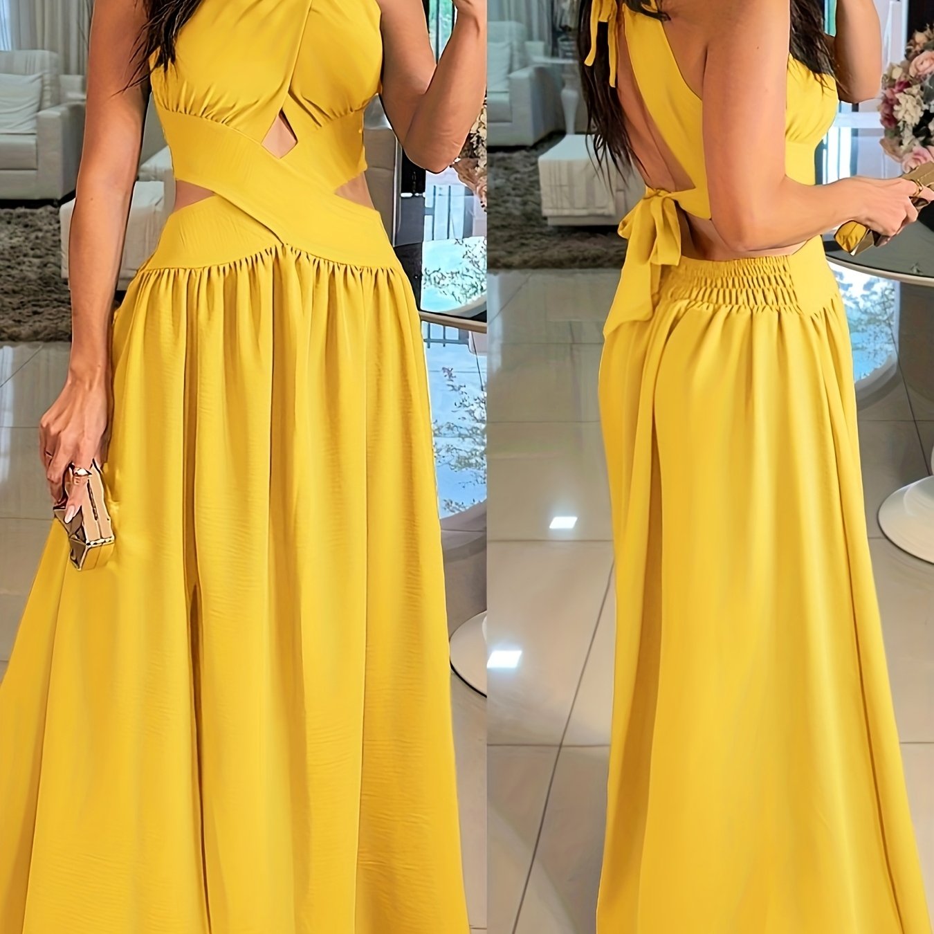Sexy Backless Women's Evening Gown | Long Flared Skirt Formal Party Dress with Waist Cross Straps & Open Back, Round Neck Spring Summer Casual to Formal Attire