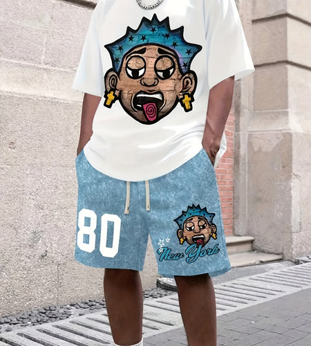 Men's Graphic T-Shirt - 220g Cotton Sporty Cartoon Print Tee with "Dad" Text, Regular Fit Short Sleeve Round Neck Casual Shirt for Casual Attire