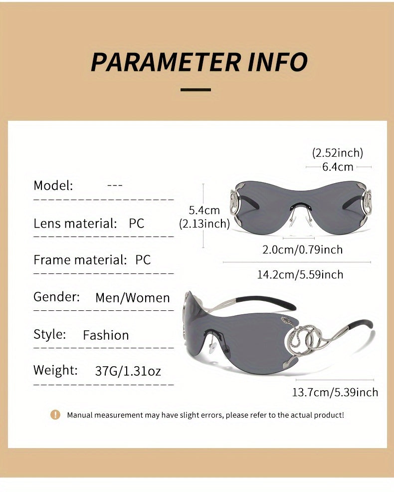 Y2K Style Frameless Glasses with Snake Design Hinges - Zinc Alloy, Clear PC Lenses, Futuristic Metallic Finish for Streetwear Fashion