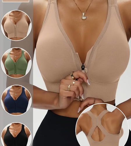 4pcs Women'S Front-Zip Wireless Bras with Removable Pads - No Underwire, X-Back Closure, Medium Support, Front Zipper Closure for Easy On/Off - Gym, Yoga, Everyday Bras - Durable Sports Bras for Women - Compatible with Workou