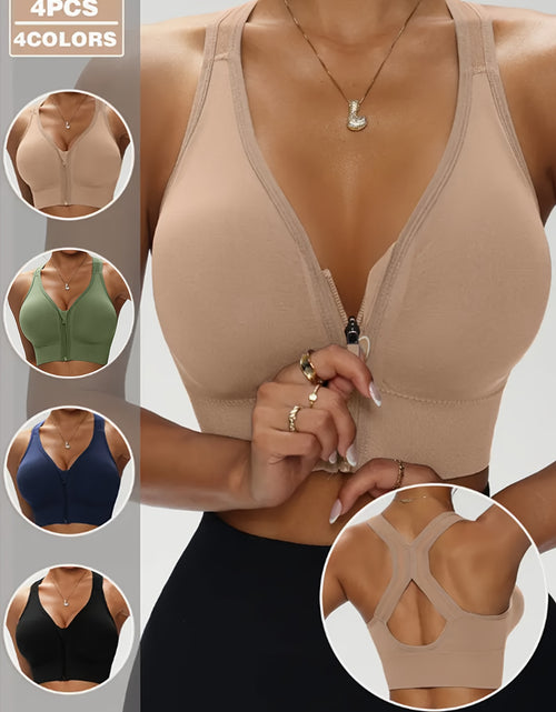 Load image into Gallery viewer, 4pcs Women'S Front-Zip Wireless Bras with Removable Pads - No Underwire, X-Back Closure, Medium Support, Front Zipper Closure for Easy On/Off - Gym, Yoga, Everyday Bras - Durable Sports Bras for Women - Compatible with Workou
