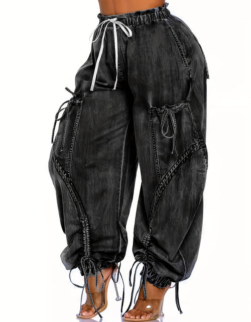 Load image into Gallery viewer, Women Baggy Denim Harem Pants - Elastic Drawstring Waist Wide Leg Jeans With Bow Tie &amp; Pockets  (Vintage Distressed Wash)
