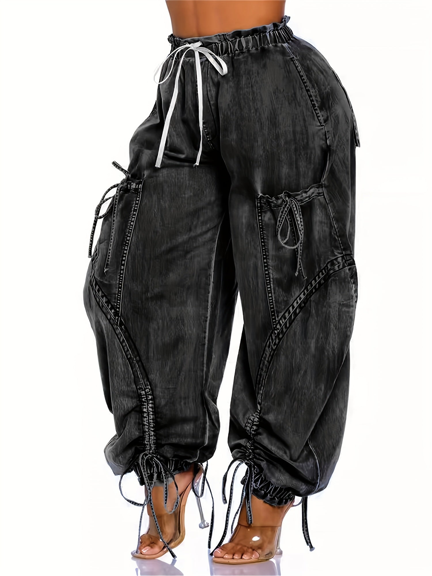 Women Baggy Denim Harem Pants - Elastic Drawstring Waist Wide Leg Jeans With Bow Tie & Pockets  (Vintage Distressed Wash)