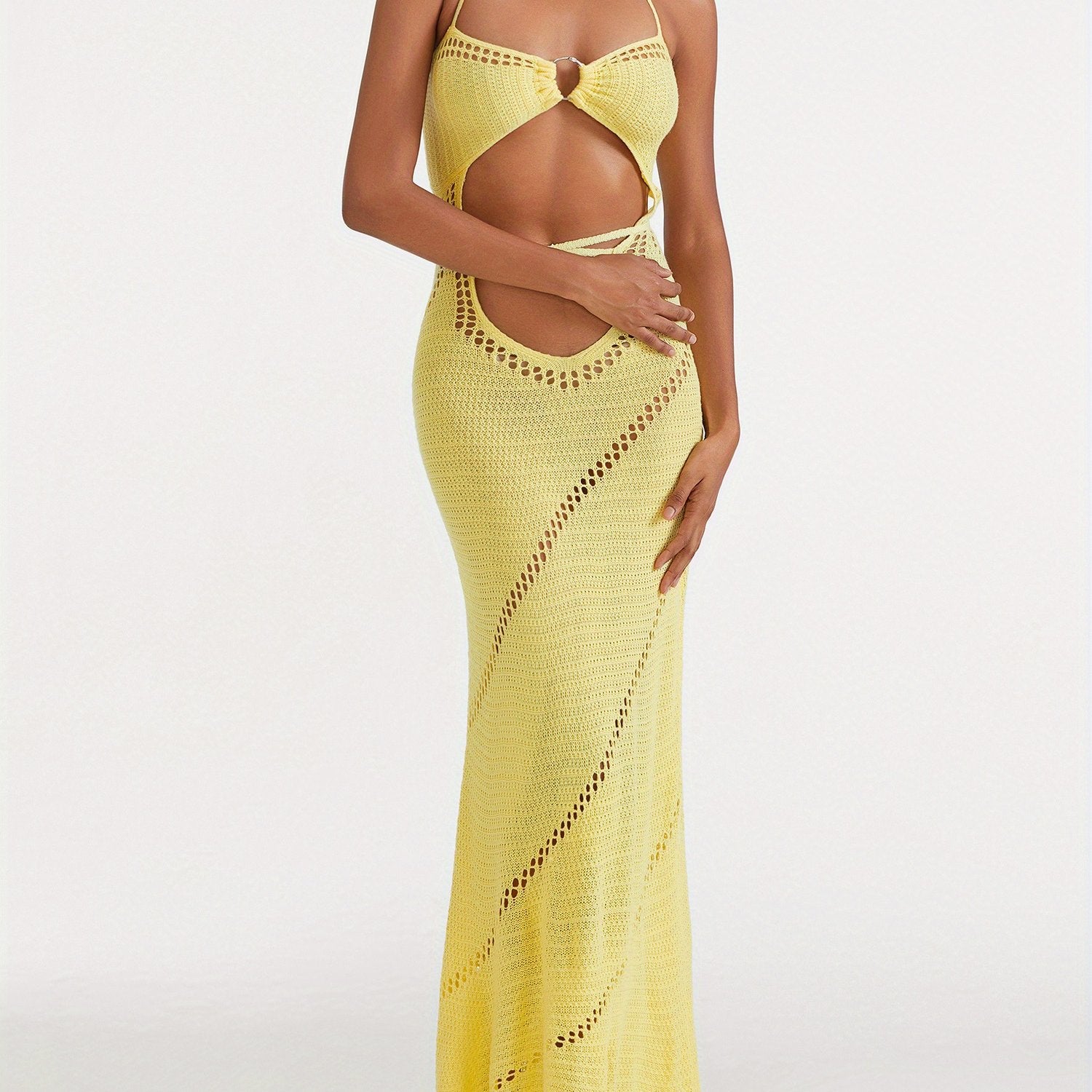 Women Sleeveless Knit Long Dress Solid Color Halter Front Cutout Back Tie-Up Slim Dress