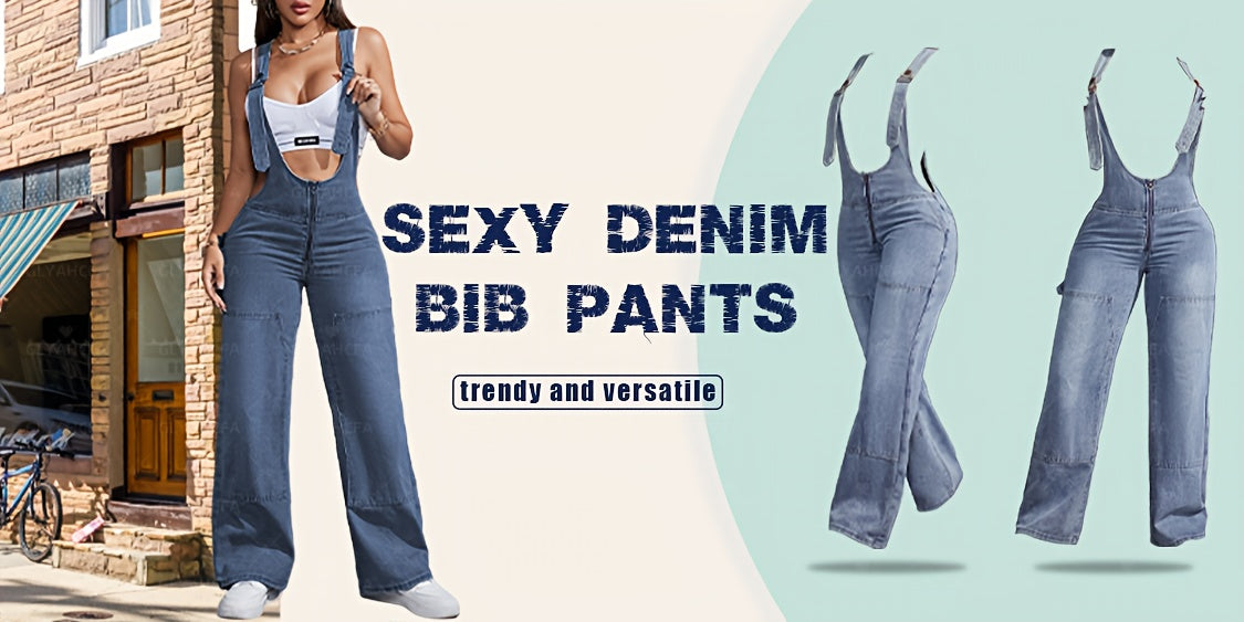 [High-Waisted] Women's Adjustable Lace-Up Denim Romper | High-Waisted Sleeveless Cargo Jeans | Double Button Closure | Sexy Casual Solid Color Design | Casual Attire | Sophisticated Texture