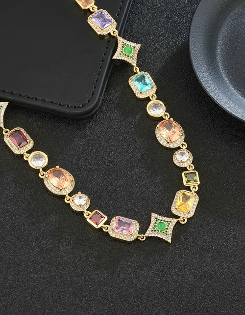 Load image into Gallery viewer, [18K Golden Chain Necklace]  18K Golden Plated Copper Chain Necklace | Glamorous, Hip Hop Style, 45cm + 5cm Extendable | Synthetic Colorful Faux Gemstones, 4-Prong Setting, with Synthetic Zirconia
