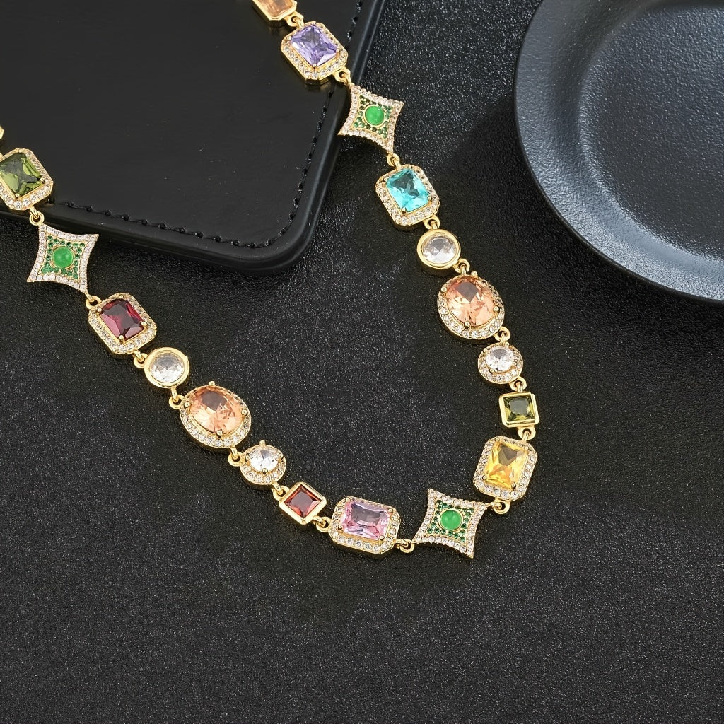 [18K Golden Chain Necklace]  18K Golden Plated Copper Chain Necklace | Glamorous, Hip Hop Style, 45cm + 5cm Extendable | Synthetic Colorful Faux Gemstones, 4-Prong Setting, with Synthetic Zirconia