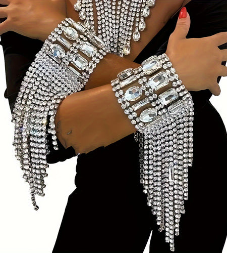 Elegant Bo ho Style Rhinestone Tassel Bracelet, Multi-Layer Copper Chain, Large Shiny Crystal Embellished