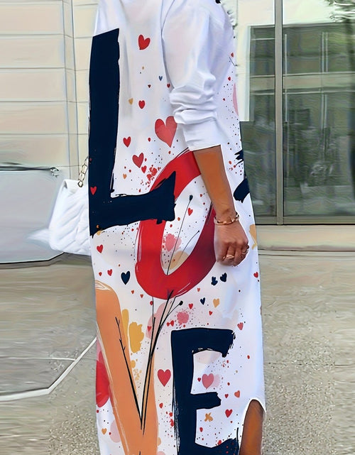 Load image into Gallery viewer, Women Lightweight A-Line Lapel Collar Shirt Dress - Retro Short Sleeve Spring Summer Dress with Colorful Heart &amp; Letter Print, Machine Washable
