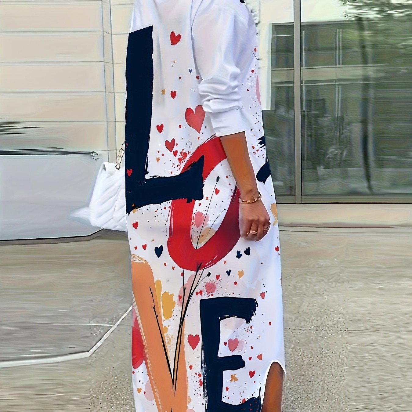 Women Lightweight A-Line Lapel Collar Shirt Dress - Retro Short Sleeve Spring Summer Dress with Colorful Heart & Letter Print, Machine Washable