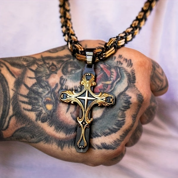 Men Stainless Steel Cross Necklace Set 2pcs Cuban Chain with Cross Pendant Retro Fashion Jewelry for Men