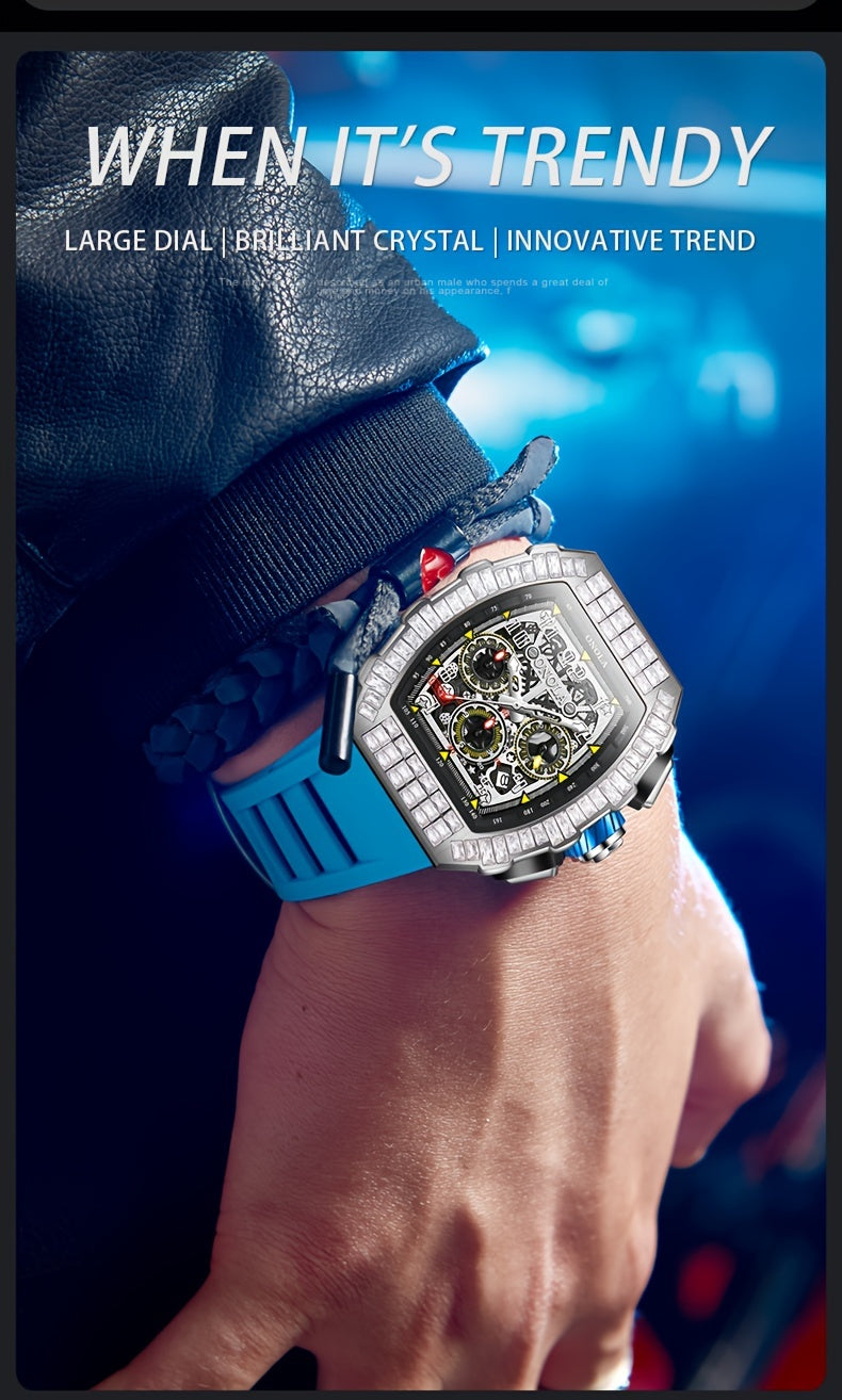 Men Automatic Mechanical Watch, Barrel Shape Hollow Tourbillon, Date Display, High-quality 3ATM Waterproof, Suitable For Casual And Formal Occasions, Daily Wear, Luxurious Sports Watch